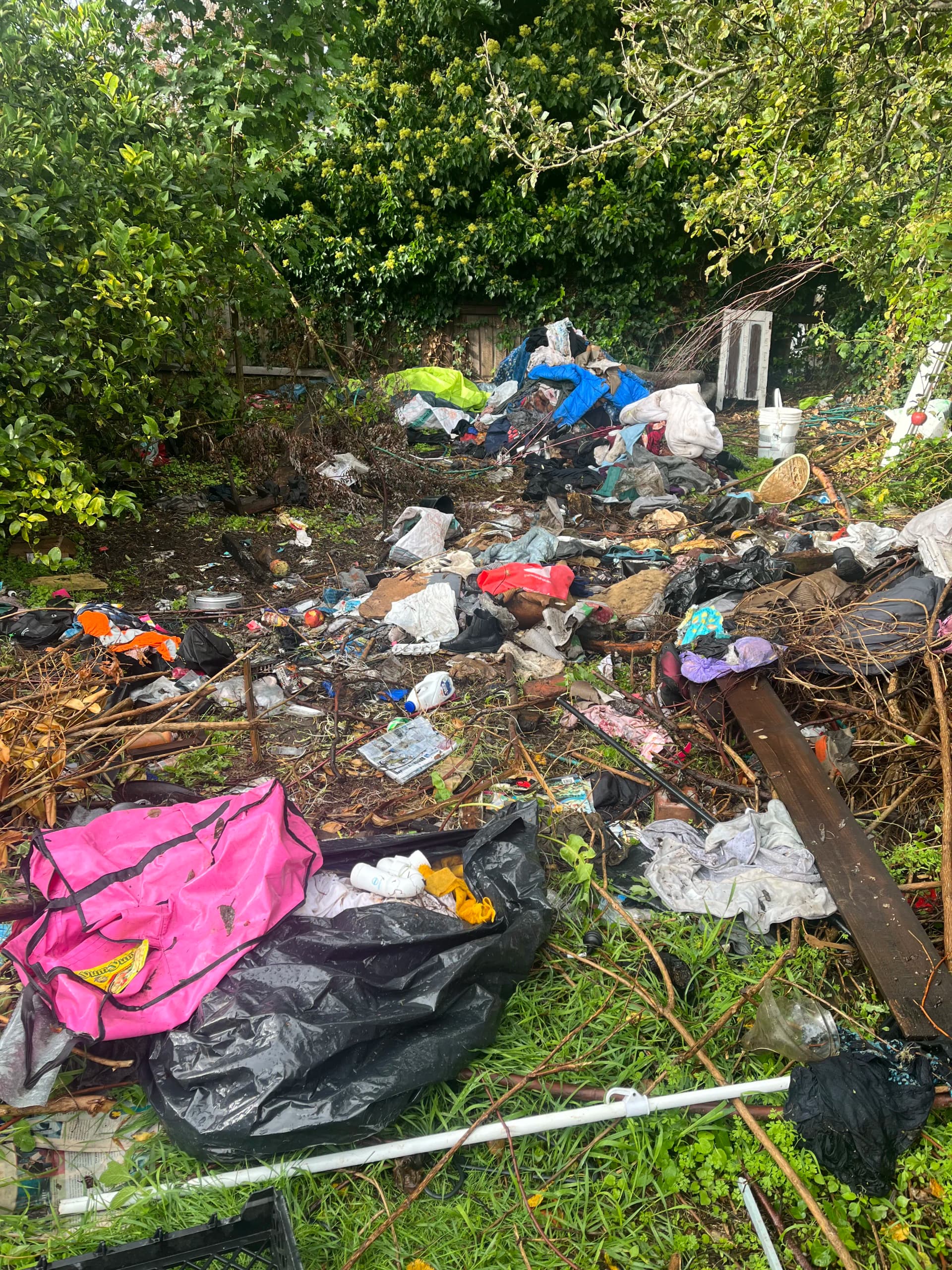 Before junk removal in Christchurch - cluttered backyard with unwanted items and debris
